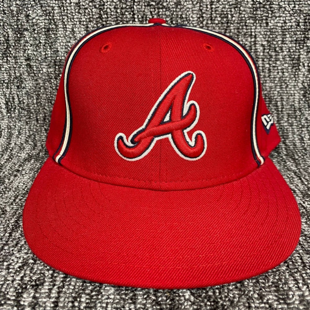 Vtg New Era 59FIFTY Atlanta Braves Fitted Hat 7 1/8 Red White Piping MLB Y2K